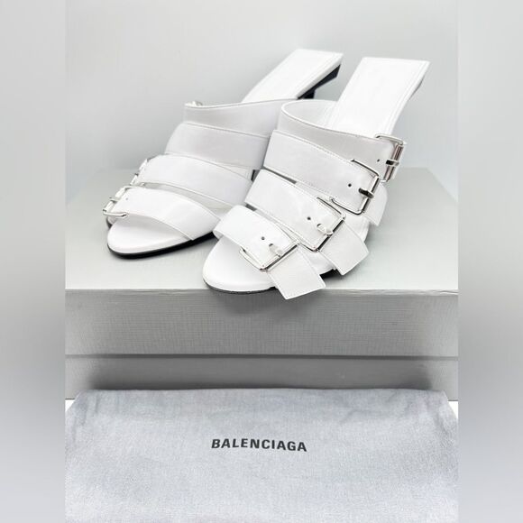 NWT Balenciaga Buckle Knife Sandals in White Sheepskin Leather 39.5 9.5 - Picture 1 of 9